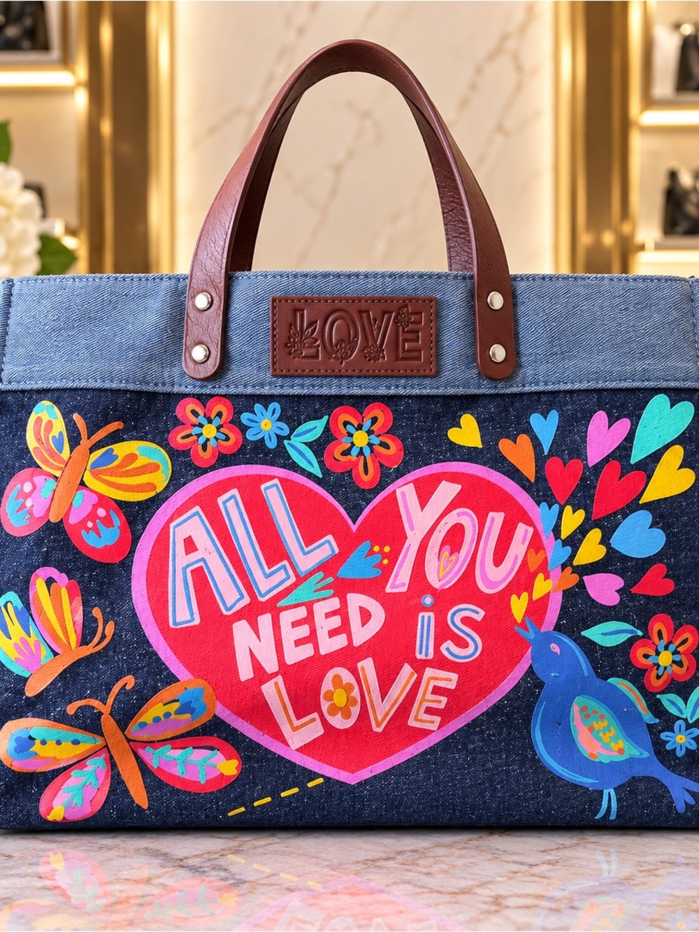 LOVE Denim Tote Bag - Colorful Hearts & Butterflies